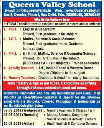 Queen's Valley School, New Delhi Wanted PGT plus TGT plus PRT - Faculty ...