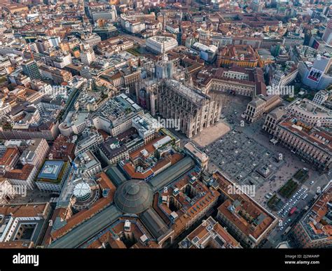 Aerial view of Piazza Duomo in front of the gothic cathedral in the ...