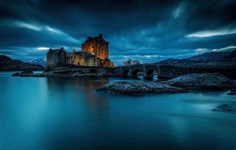 Wallpaper water, night, bridge, castle, Scotland, Scotland, the fjord, Eilean Donan Castle, Loch ...