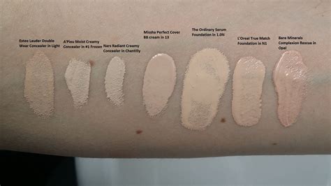 Ordinary Serum foundation 1.0N swatched against Missha BB 13, L'Oreal True match N1, Nars ...