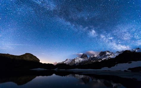 Night, lake, mountains, sky, stars, water reflection wallpaper | nature ...