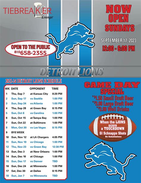 Lions Game Day Specials!