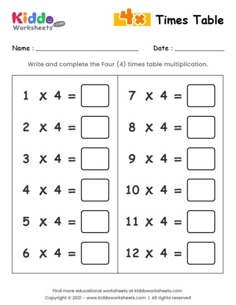 Free Printable 4 Times Table Worksheet Worksheet - kiddoworksheets