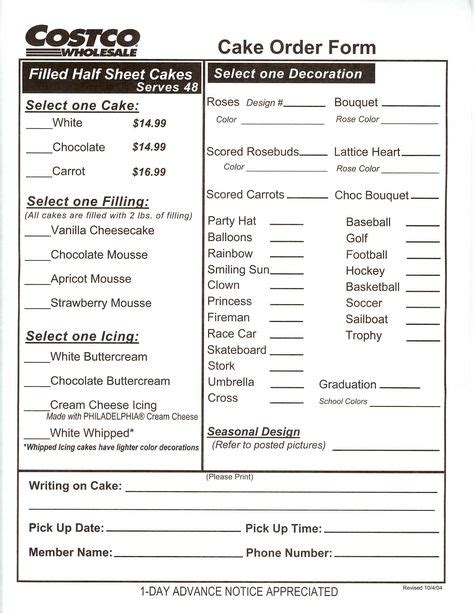 Costco Cake Order Form Printable