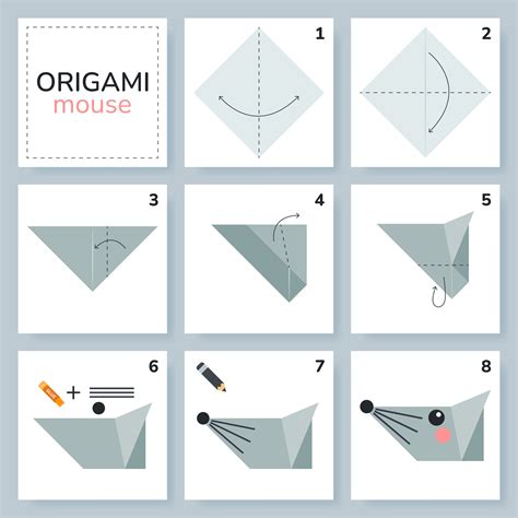 Mouse origami scheme tutorial moving model. Origami for kids. Step by step how to make a cute ...