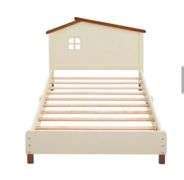 Twin Size Kids Bed with House Frame Headboard Fun Wood Low Bed Frame No ...