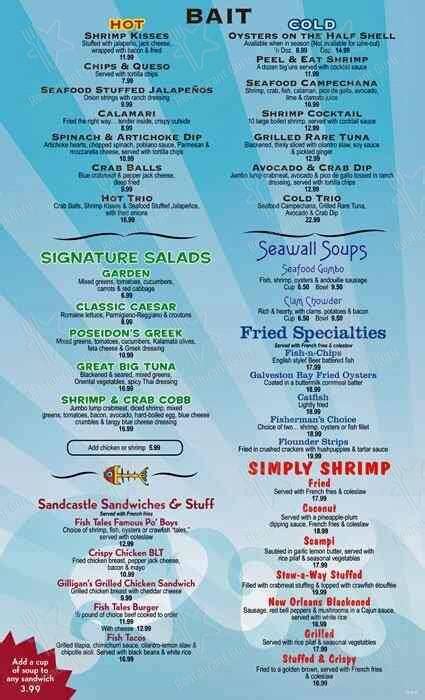 Menu at Fish Tales restaurant, Galveston