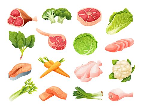 conjunto vectorial de carnes y verduras al estilo de las caricaturas ...