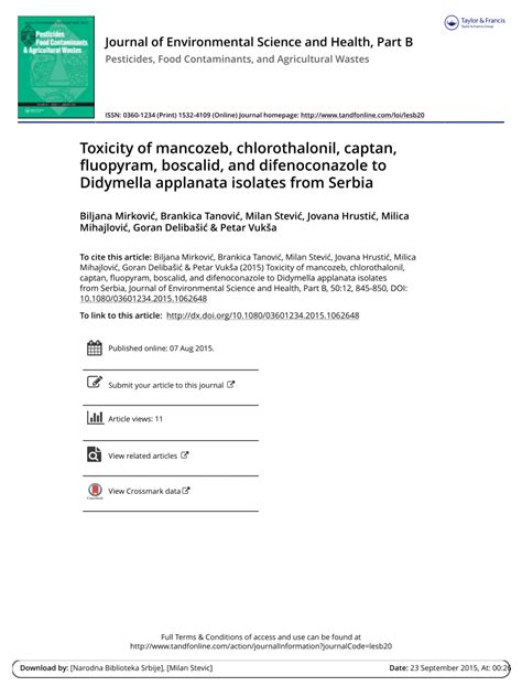 (PDF) Toxicity of mancozeb, chlorothalonil, captan, fluopyram, boscalid, and difenoconazole to ...