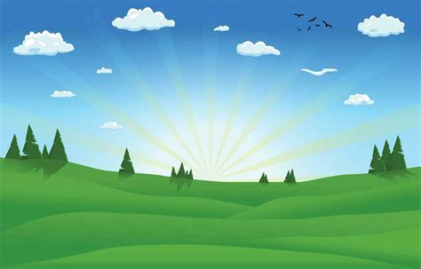 Sunset cartoon background with landscape area, trees, sun burst, clouds, sky 24659746 Vector Art ...