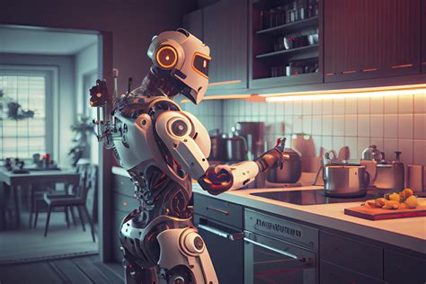 Robot chef cooking in kitchen of future home genius, smart robot working in modern house ...