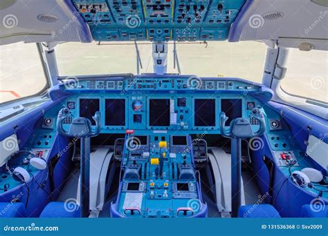 Overview In Pilot`s Cockpit Of Passanger Airplane Antonov AN-148 ...