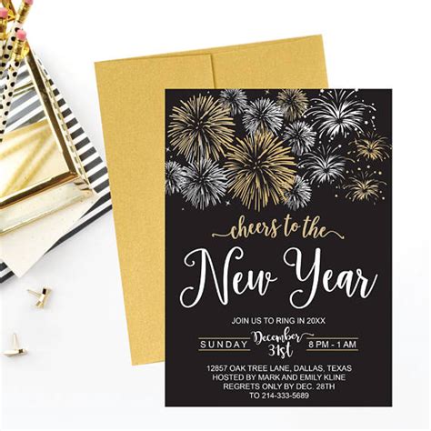 New Year's Eve Party Invitation Template, Elegant Black and Gold Firework Printable Invite ...