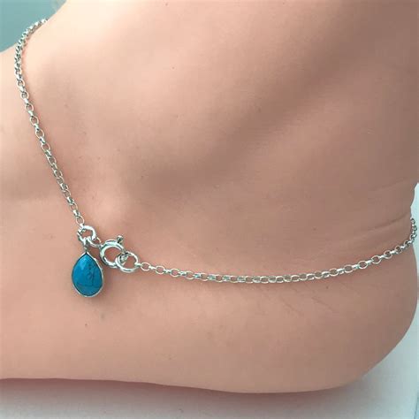 Sterling Silver & Turquoise Anklet, Teardrop Charm Ankle Bracelet, UK Handmade Ankle Chain Gift ...