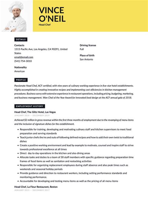 Head Chef Resume Template | Chef resume, Resume template, Resume examples