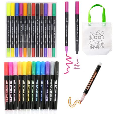 HyzaPhix 25pcs Markers Pen Set, 12 Colors Super Squiggles Outline Markers Set,12 Colors Dual Tip ...