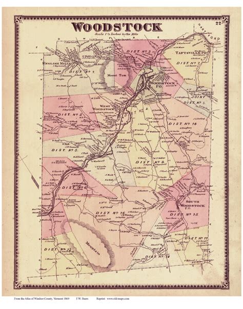 Woodstock, Vermont 1869 Old Town Map Reprint - Windsor Co. - OLD MAPS