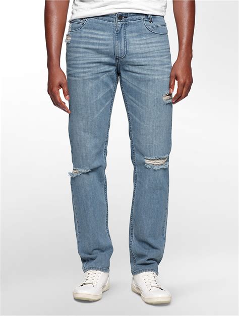 Calvin klein Jeans Slim Straight Leg Destroyed Slate Blue Wash Jeans in ...