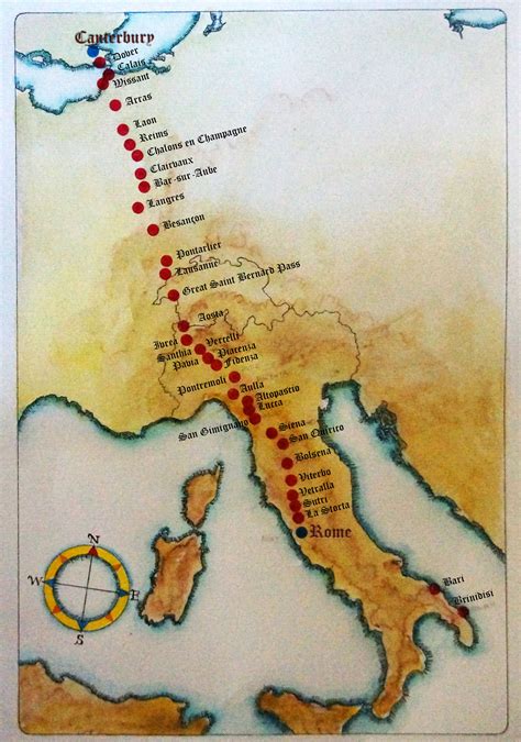 The legs of the "Via Francigena", the main pilgrimage route leading medieval prilgrims to Rome ...