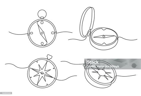 Traveller Compass Of Different Design Single One Line Drawing Equipment For Exploration And ...