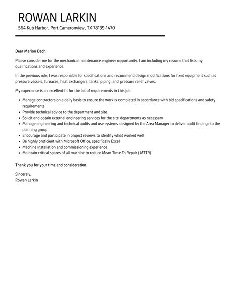 Mechanical Maintenance Engineer Cover Letter | Velvet Jobs