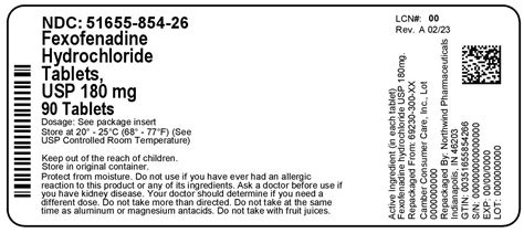 Fexofenadine Hydrochloride Tablets USP, 180 mg