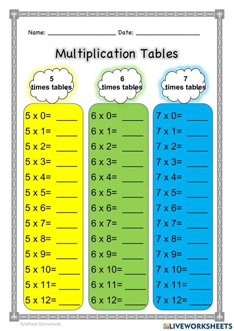 Multiplication Tables (5, 6, 7) worksheet | Worksheets, Times tables ...