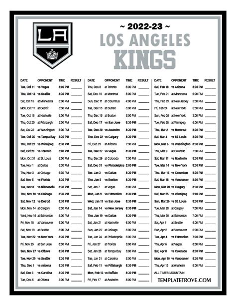 Printable 2022-2023 Los Angeles Kings Schedule