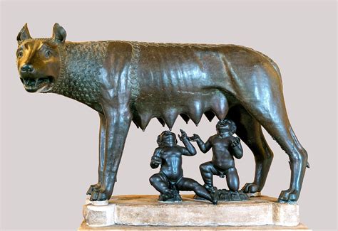 "Capitoline Wolf": Romulus and Remus suckling their wolf foster mother ...