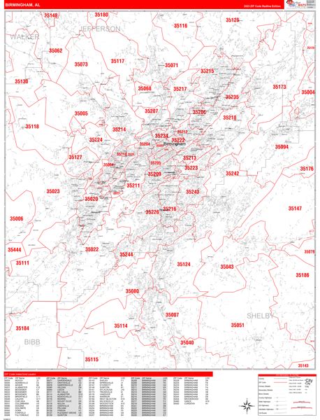 Birmingham Alabama Zip Code Wall Map (Red Line Style) by MarketMAPS - MapSales