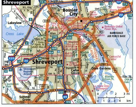 Shreveport city road map for truck drivers area town toll free highways map - USA