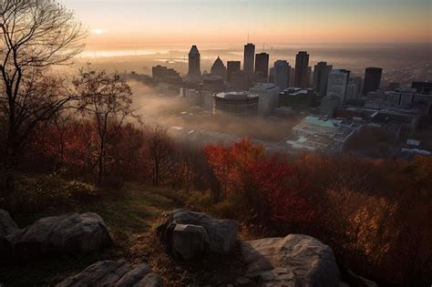 Premium Photo | Montreal sunrise viewed from mont royal with city skyline in the morning