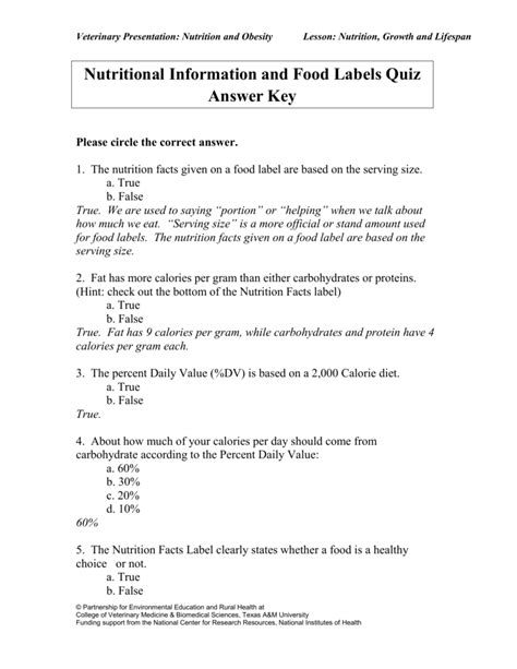 Basic Nutrition Quiz Printable