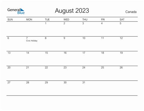 Printable August 2023 Monthly Calendar with Holidays for Canada