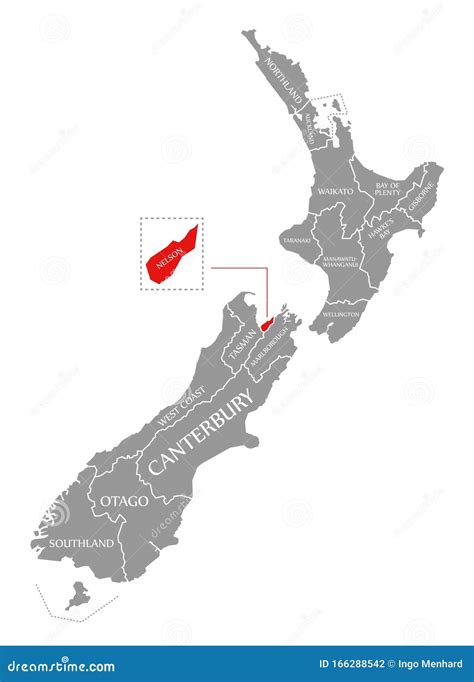 Nelson Red Highlighted in Map of New Zealand Stock Illustration - Illustration of states, county ...