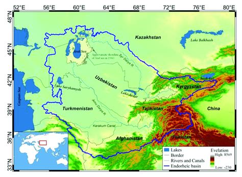 The Aral Sea endorheic basin. The endorheic boundary was obtained from... | Download Scientific ...