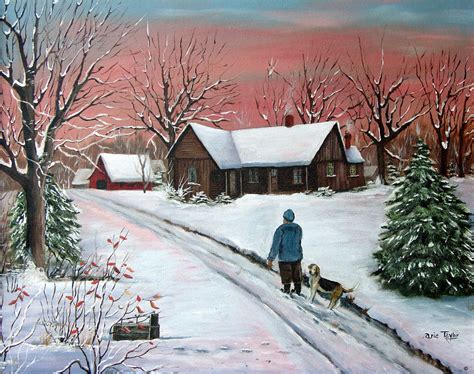 Morning Red Winter Snow Rabbit Box Old Farm House Hound Dog Road Folk Art Landscape Original Oil ...