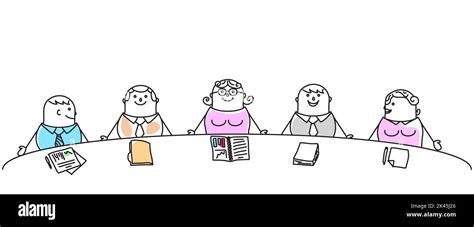 Hand drawn Cartoon business meeting. Group of men and women sitting in conference room at a big ...