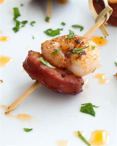 Chorizo and Prawns Skewers with a Creamy Lemon Dip | Canapes recipes, Prawn skewers, Food