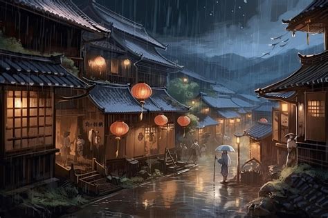 Traditional Japanese village at night. Digital painting with a digital ...