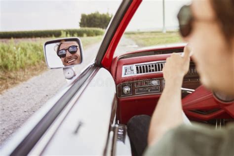 Happy Man Driving a Red Vintage Car Stock Photo - Image of driver ...