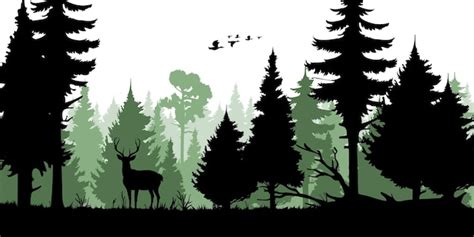 Premium Vector | Forest trees silhouettes deer and duck hunting