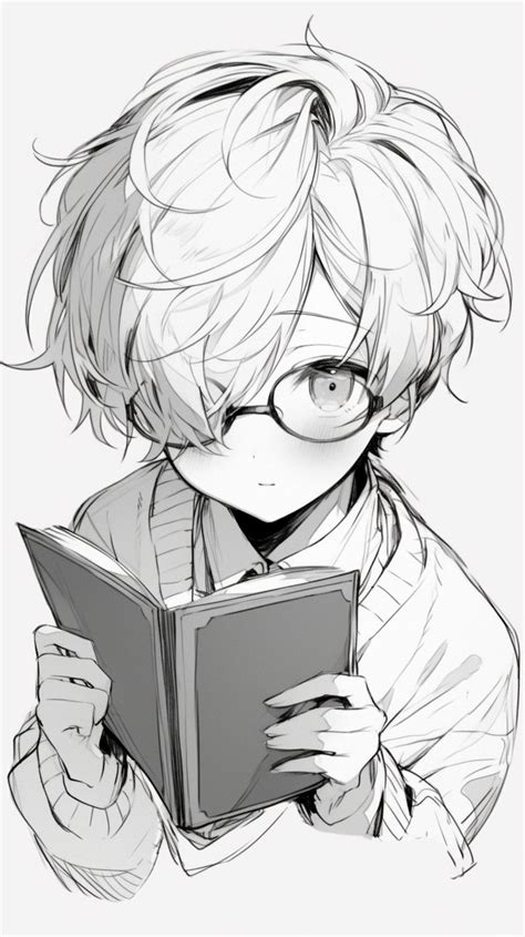 a drawing of a boy reading a book with glasses on his head and hair ...