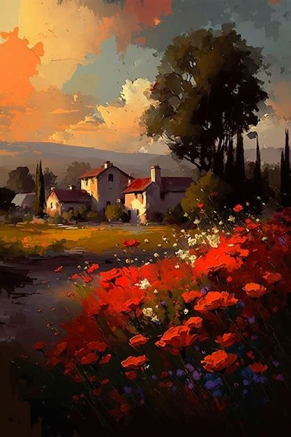 Premium AI Image | A painting of a house with flowers in front of it.