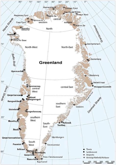 Map of Greenland with towns, a few settlements, airports, and... | Download Scientific Diagram