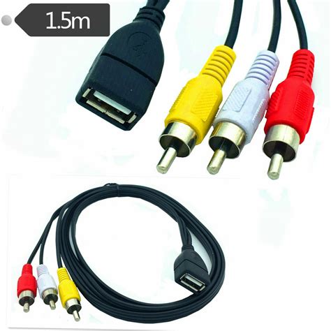 1.5m USB A Female to 3 RCA Phono AV Cable Lead PC TV Aux Audio Video ...