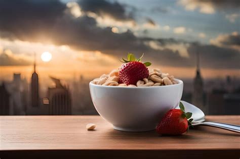 Premium AI Image | a bowl of cereal with a strawberry and a strawberry ...