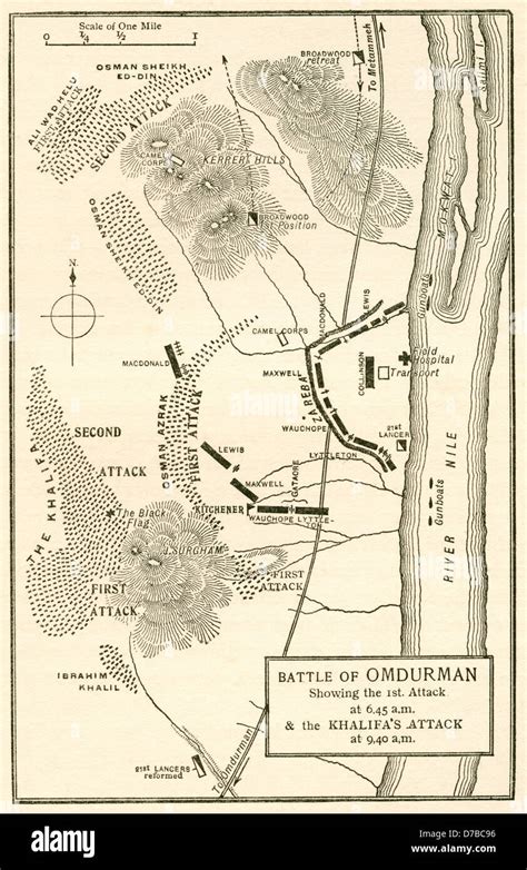 Map of the Battle of Omdurman, Khartoum, Sudan,1898, showing the 1st ...