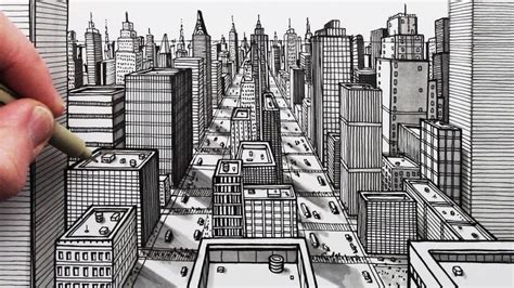 How to Draw a City using 1-Point Perspective: Pen Drawing | 1 point ...