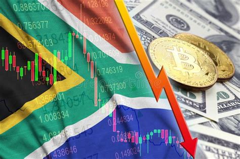 South Africa Flag and Cryptocurrency Falling Trend with Two Bitcoins on Dollar Bills Stock ...